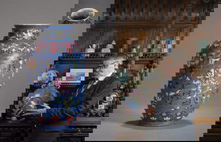 A BLUE-GROUND 'INTERLOCKING FLOWERS' LANTERN-SHAPED VASE