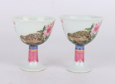 A PAIR OF ENAMEL 'FLOWERS AND BIRDS' STEM CUPS