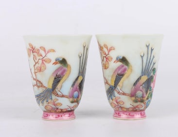 A PAIR OF IMPERIAL ENAMEL 'FLOWERS AND BIRDS' CUPS