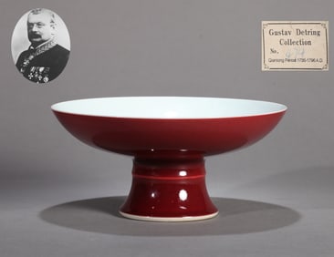 A RED GLAZED STEM DISH