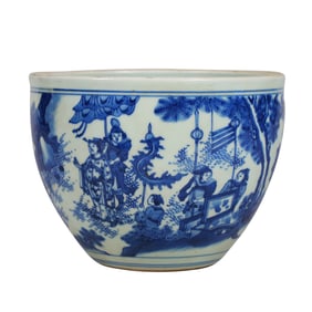 A BLUE AND WHITE 'FIGURE SCENES' JAR