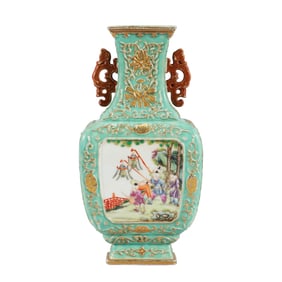 A TURQUOISE-GREEN GROUND MEDALLION 'LANDSCAPE' VASE