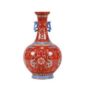 A RED-GROUND FAMILLE ROSE 'FLORAL'  VASE