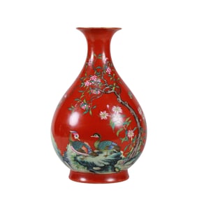 A RED-GROUND FAMILLE ROSE 'FLOWERS, MANDARIN DUCKS AND POETRY' YUHUCHUNPING