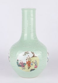 A CELADON-GLAZED MEDALLION 'PLAYING CHILDREN, FLOWERS AND BIRDS' GLOBULAR VASE