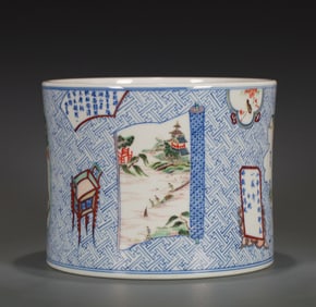 A BLUE AND WHITE MEDALLION BRUSH POT