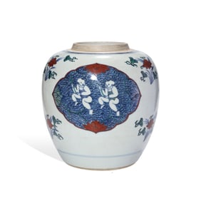 A BLUE AND WHITE 'PLAYING CHILDREN' JAR