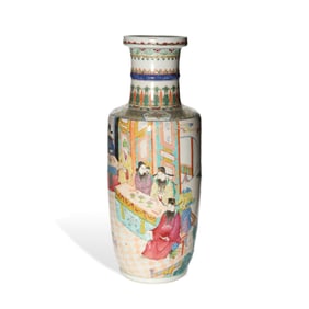 A FAMILLE ROSE 'FIGURE SCENE' ROULEAU VASE