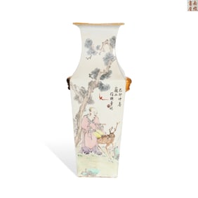A FAMILLE ROSE 'FIGURES, FLOWERS AND POETRY' SQUARE VASE