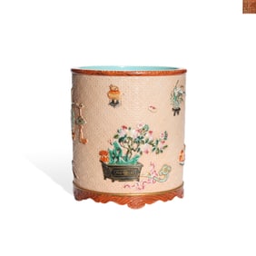A FAMILLE ROSE 'ANTIQUITIES' BRUSH POT