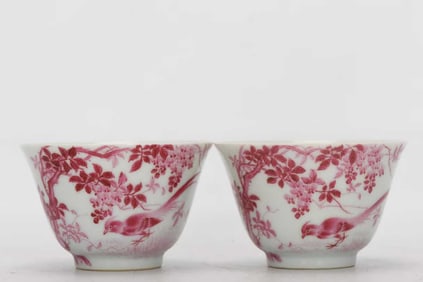 A PAIR OF ENAMEL 'FLOWERS, BIRDS AND POETRY' RUBY-RED GROUND CUPS