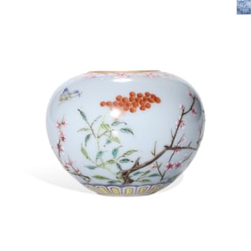 A SKY-BLUE GLAZED FAMILLE ROSE 'FLOWERS AND BUTTERFLIES' WATER POT