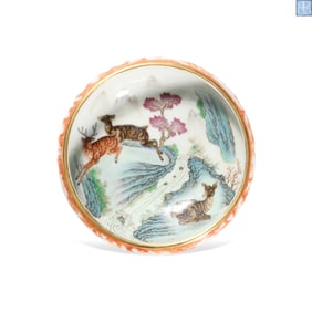 A STONE-EFFECT GLAZE EXTERIOR WITH FAMILLE ROSE INTERIOR 'DEER' WASHER