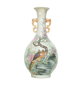 A STONE-EFFECT GLAZE FAMILLE ROSE 'FLOWERS AND BIRDS' DOUBLE-HANDLED VASE