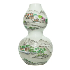 A FAMILLE ROSE 'LANDSCAPE AND PAVILION' GOURD-SHAPED VASE