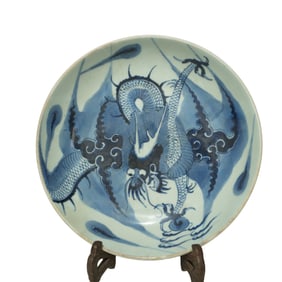 A BLUE AND WHITE 'DRAGON' DISH