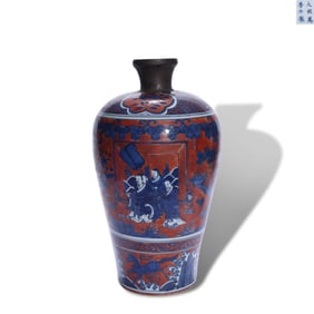 A RED-GROUND BLUE AND WHITE 'FIGURE SCENE' MEIPING