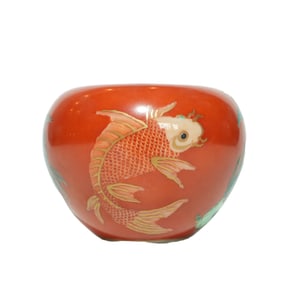 A IRON-RED WUCAI 'FISH' APPLE-SHAPED VASE