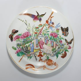 A FAMILLE ROSE 'FLOWERS, BIRDS AND FIGURES' DISH
