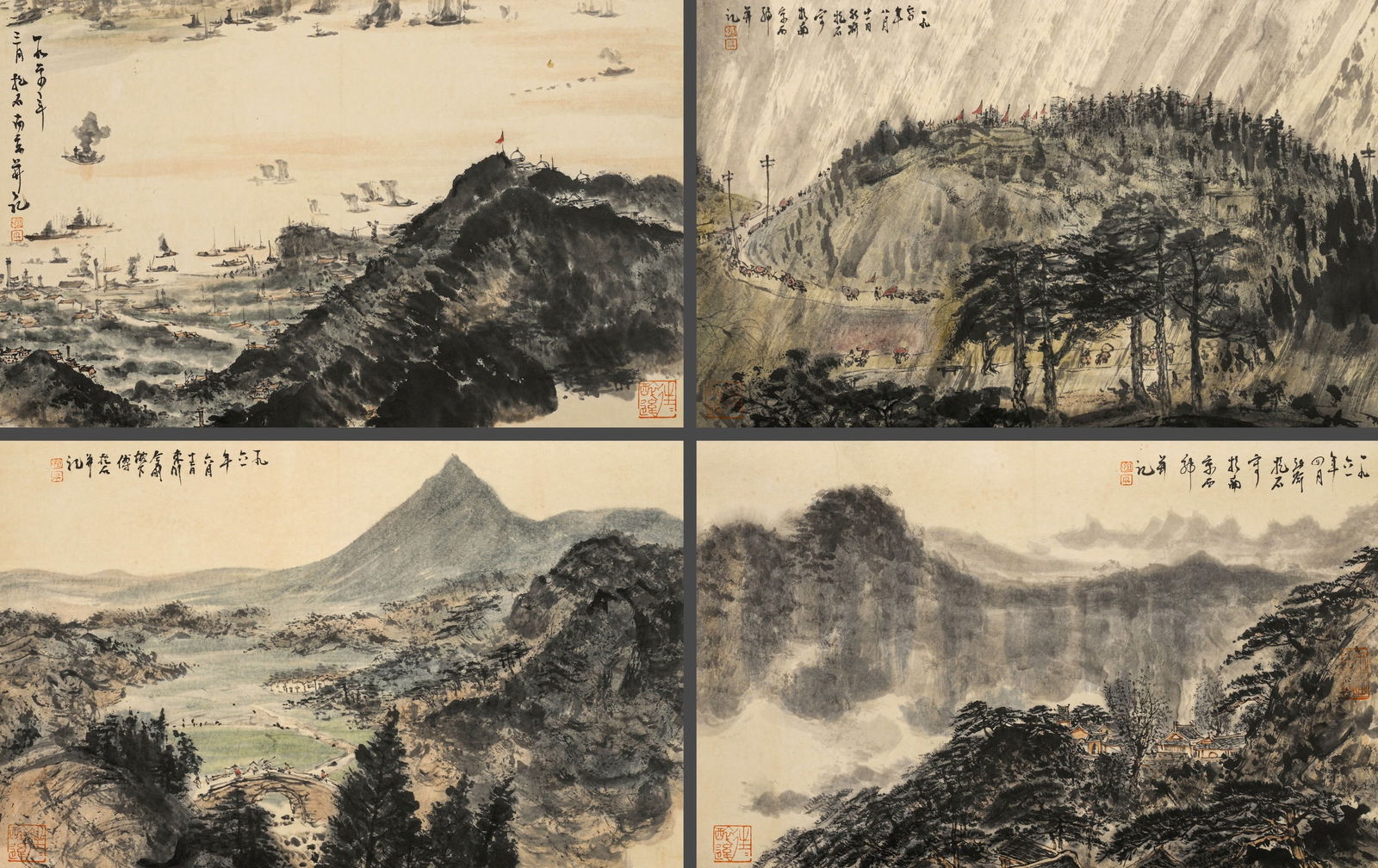FU BAOSHI (1904-1965), ATTRIBUTED TO, FOUR SEASONS OF LANDSCAPES: FU BAOSHI (1904-1965), ATTRIBUTED TO, FOUR SEASONS OF LANDSCAPES Dimensions: Length: 32 cm (12.6 in.), Width: 98 cm (38.6 in.). All measurements are approximate. Azaya Art Gallery is delighted to show