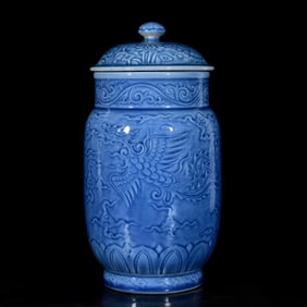 A LAKE-BLUE-GLAZED INCISED 'PHOENIX' COVERED JAR
