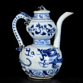 A BLUE AND WHITE 'DRAGON' GOURD-SHAPED EWER