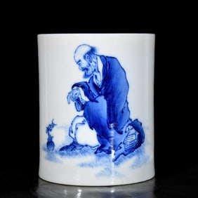 A BLUE AND WHITE 'FIGURE SCENE' BRUSH POT