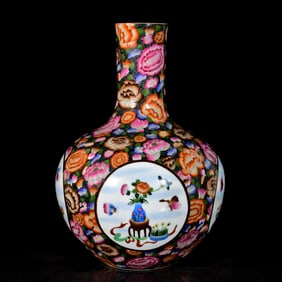 A CLOISONN??MEDALLION 'FLOWERS, BIRDS AND ANTIQUES' GLOBULAR VASE