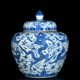 A BLUE AND WHITE 'NINE DRAGONS' COVERED JAR