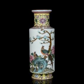 AN ENAMEL 'FLOWERS, BIRDS AND BROCADE' BEAKER VASE