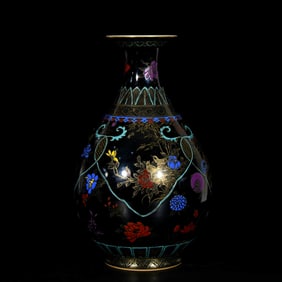 A BLACK-GLAZED ENAMEL WITH GILT 'FLOWERS AND BIRDS' YUHUCHUNPING