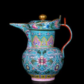 AN ENAMEL WITH GILT 'RUYI' MONASTICAL-HAT EWER