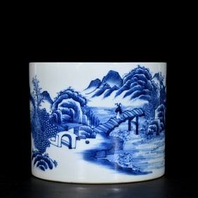 A BLUE AND WHITE 'LANDSCAPE WITH PAVILIONS AND FIGURES' BRUSH POT