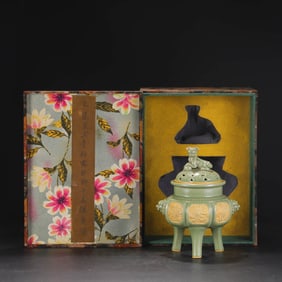 A LONGQUAN CELADON MEDALLION 'FLOWERS' CENSER