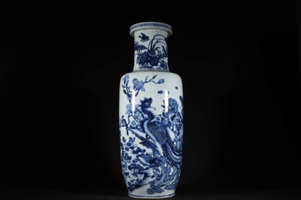 A BLUE AND WHITE 'FLOWERS AND BIRDS' ROULEAU VASE