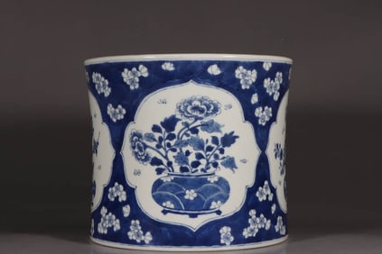 A MEDALLION 'FLORAL' BRUSH POT