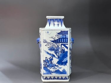 A BLUE AND WHITE 'FIGURE SCENE'  LIDDED VESSEL