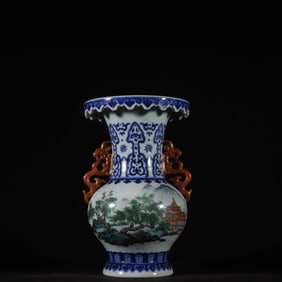 A BLUE AND WHITE WITH FAMILLE ROSE GILT 'LANDSCAPE' TWO-HANDLED VASE
