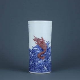 A BLUE AND WHITE WITH UNDERGLAZED RED 'CARP IN WAVES' INCENSE HOLDER