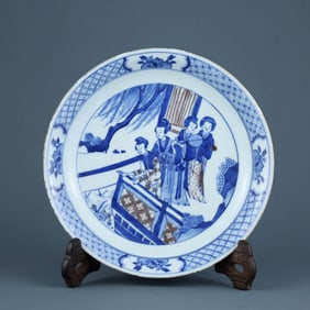 A BLUE AND WHITE WITH UNDERGLAZED RED 'LADIES' DISH