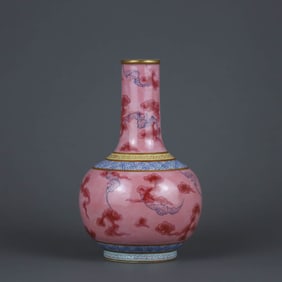 A RUBY-RED GROUND FAMILLE ROSE 'CLOUD AND BAT' GLOBULAR VASE