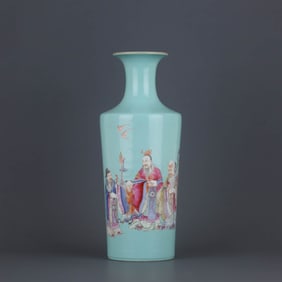 A TURQUOISE-GREEN GROUND FAMILLE ROSE 'THREE STAR GODS' VASE