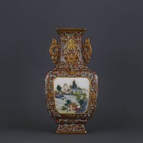 A MEDALLION FAMILLE ROSE 'LANDSCAPE AND POETRY' TWO-HANDLED VASE