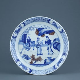 A BLUE AND WHITE WITH UNDERGLAZED RED 'FIGURES' DISH