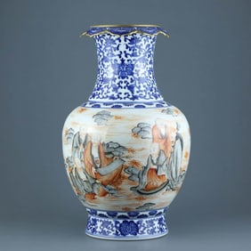 A BLUE AND WHITE WITH IRON-RED AND GRISAILLE 'ARHATS' ROLLED-RIM VASE