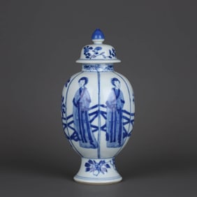 A BLUE AND WHITE 'LADIES' COVERED JAR