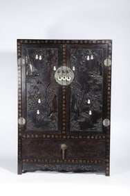 A RED SANDALWOOD AND JADE INLAY 'BAT AND SHOU' BOOKCASE