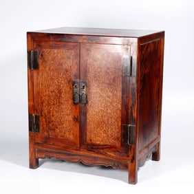A RED SANDALWOOD AND BURLWOOD INLAY STORAGE BOX