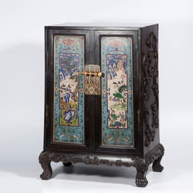 A RED SANDALWOOD AND CLOISONN??'LANDSCAPE AND FLOWERS' BOOK BOX