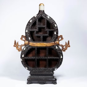 A RED SANDALWOOD AND JADE INLAY GOURD-SHAPED SHRINE